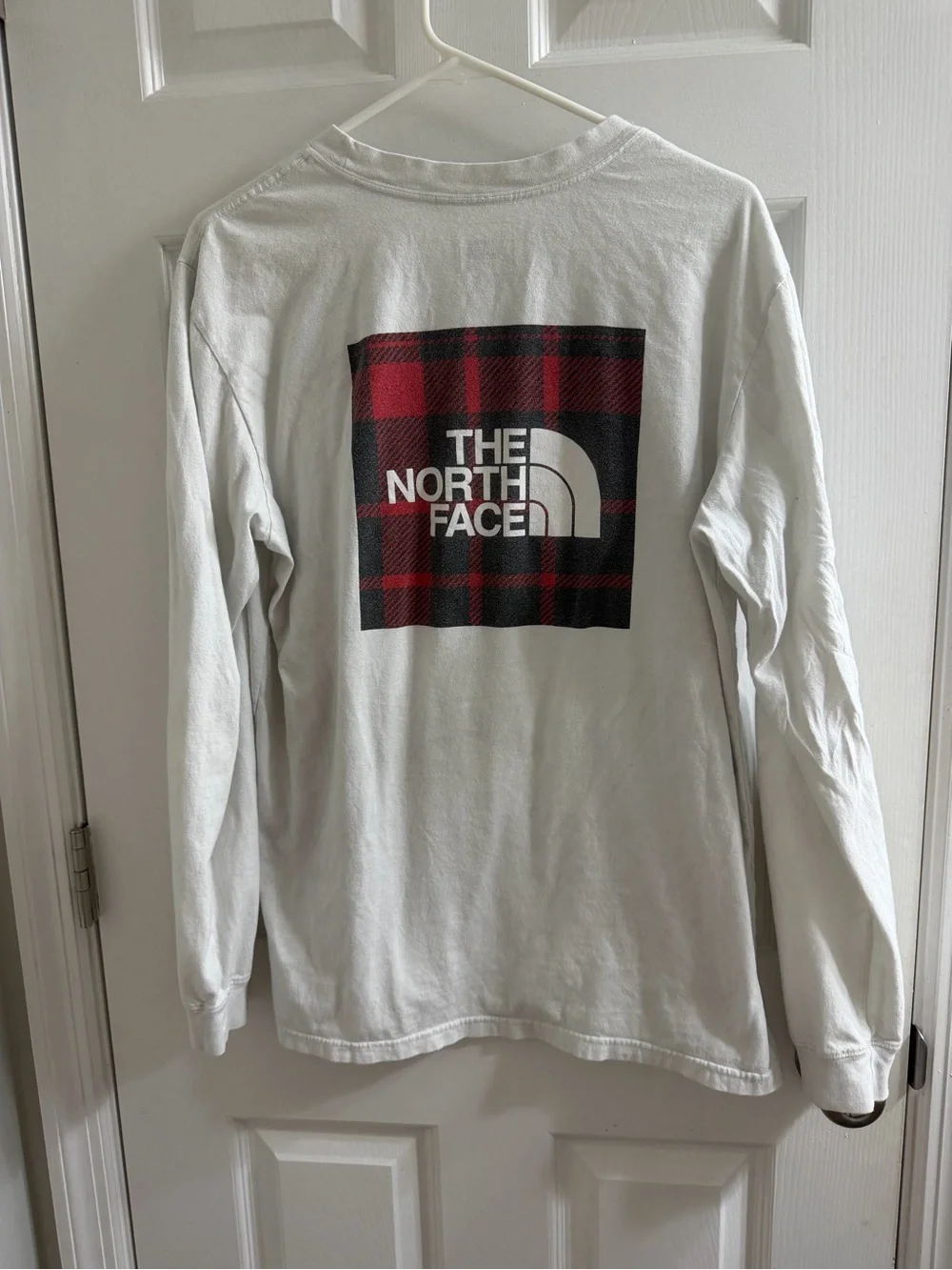 The North Face White Long Sleeve Tee with Red and Black Plaid Logo Large L
